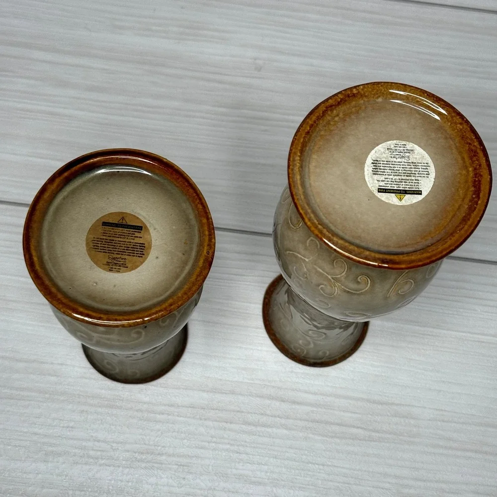 Set of 2‎ Ceramic Vases Beige Swirl Glaze Amber Interior Decorative Home Decor